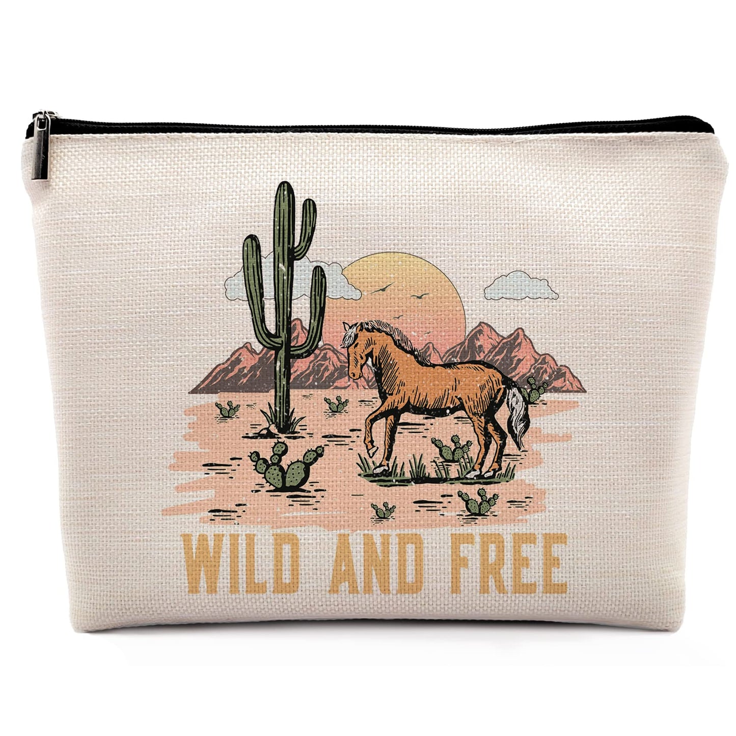 Dwept Wild and Free Cowgirl Cosmetic Bag, Wild West Retro Western Horse Cactus Desert Makeup Bag Zipper Cosmetic Pouch Bag Travel Linen Makeup Organizer, Cowgirl Gifts for Women Girls Teen Girls Her