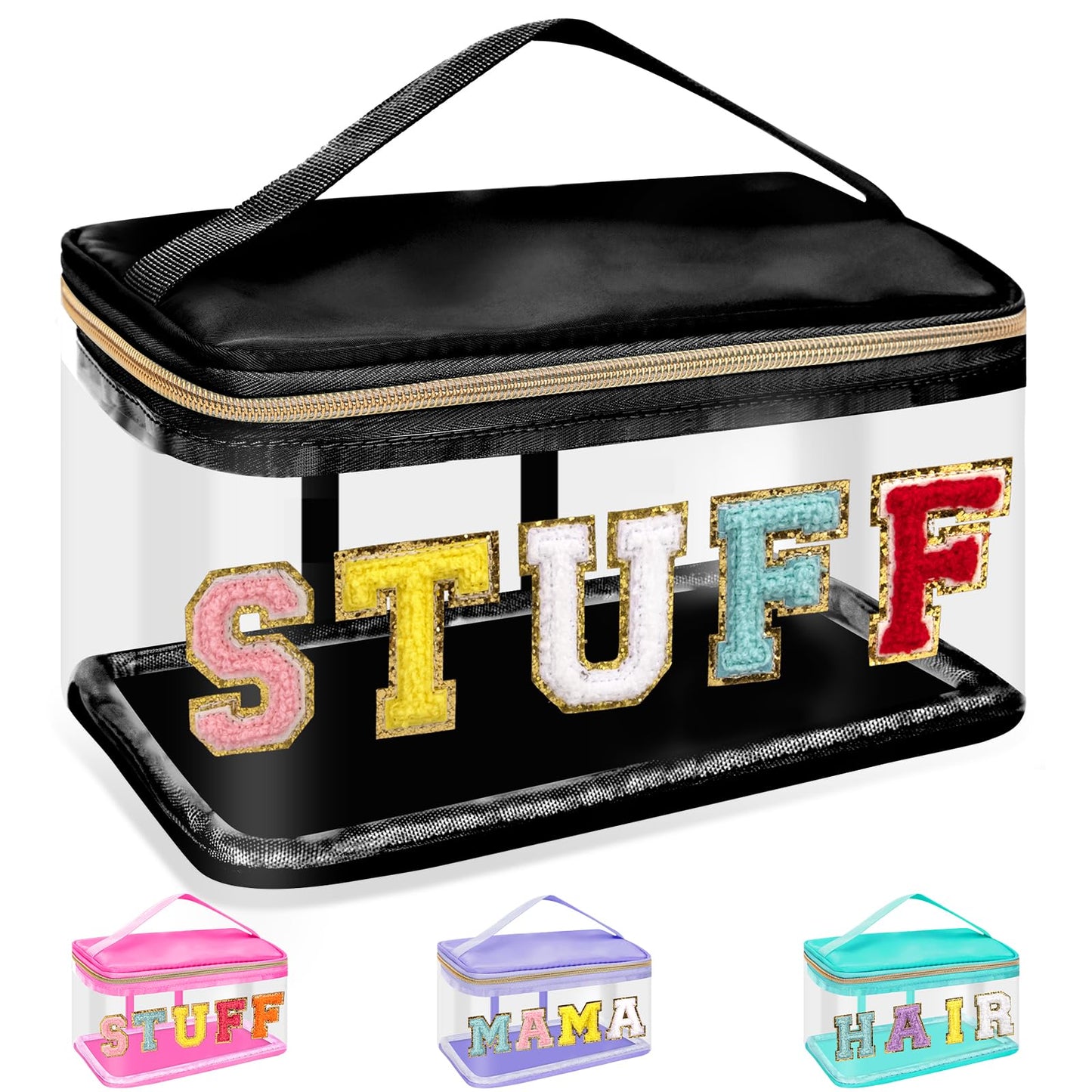 Chenille Letter Clear Makeup Bags Stuff Pouch, Preppy Patch Makeup Bag Zipper with Handle, Transparent PVC & Nylon Waterproof Glitter Cosmetic Handbag Travel Toiletry Storage for Women(STUFF-Black)