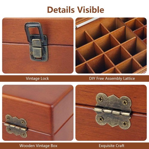 Pure Vie Wooden Essential Oil Storage Box Travel Organizer Case with Bottle Cap Label - Aromatherapy Nail Polish Fragrance Container, Holds 32 Bottle for 5-15ml - Keep Scented Oil Safe & Space Saver