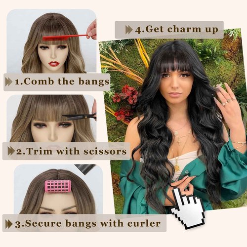 QYDEERY Black Wig with Bangs for Women Long Wavy Wigs Curly Synthetic Wig Natural Looking Hair Heat Resistant Wigs for Daily Party Use
