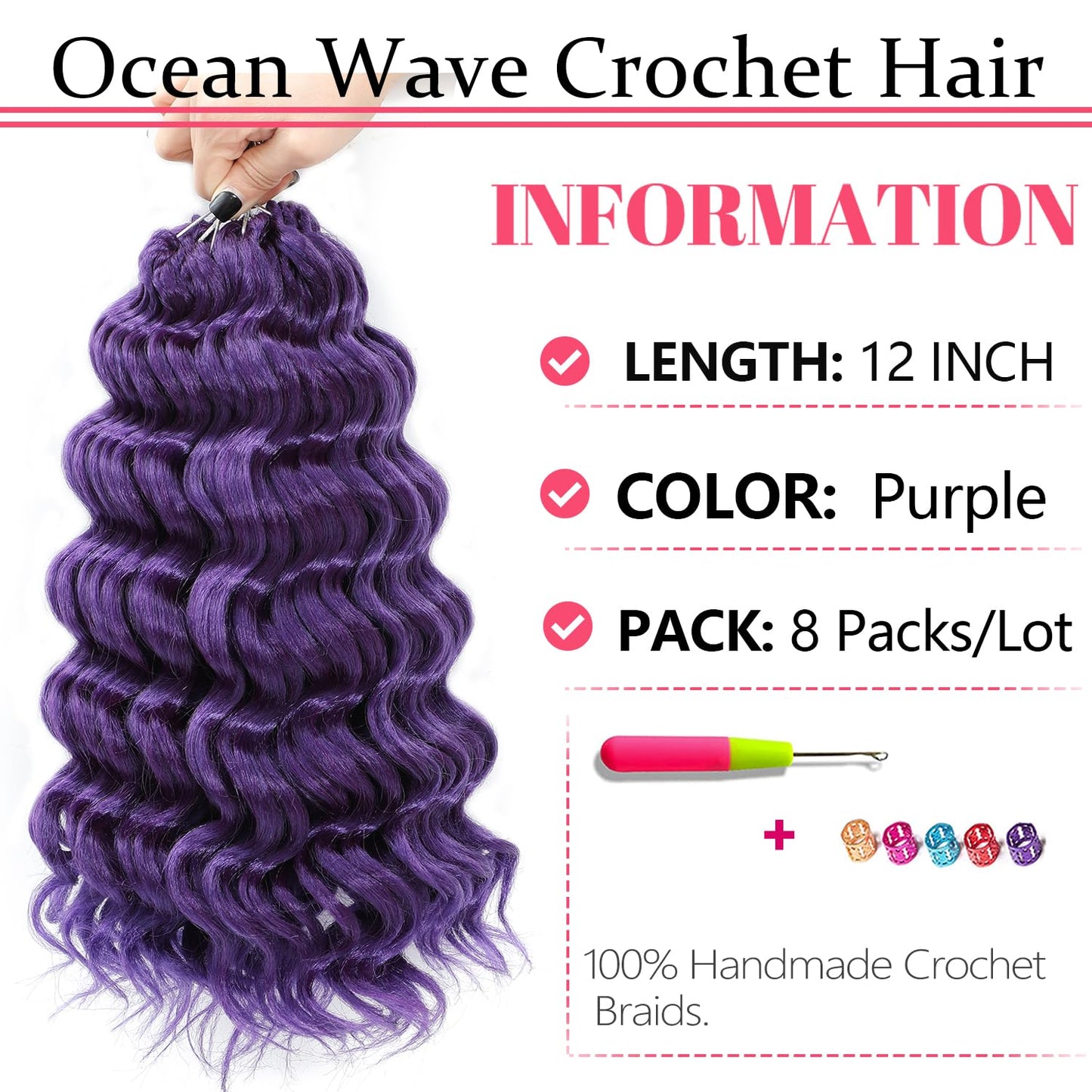 Ocean Wave Crochet Hair 12 Inch 8 packs Deep Wave Crochet Hair Synthetic Curly Crochet Braiding Hair for Black Women (12 Inch, 8 packs, Purple)