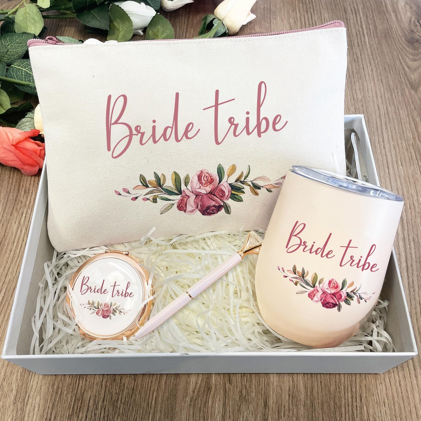 CARAKNOTS 2 Pcs Bride Tribe Gifts Bride Tribe Makeup Bag Wedding Bachelorette Party Gifts for Bride Tribe Bridal Shower Gifts for Team Bride Cotton Cosmetic Toiletry Bag with Compact Mirror