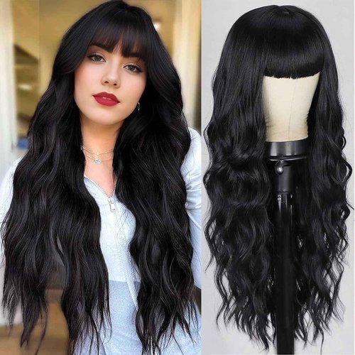 QYDEERY Black Wig with Bangs for Women Long Wavy Wigs Curly Synthetic Wig Natural Looking Hair Heat Resistant Wigs for Daily Party Use