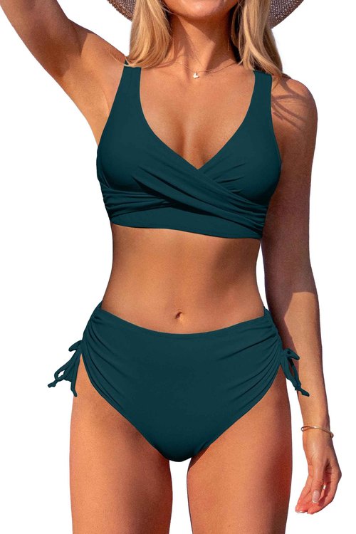 Beachsissi Women's High Waist Bikini Twist Front Tie Back 2 Piece Swimsuits, Teal, M