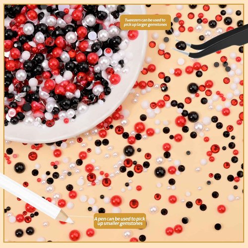 NACHLYNN 10000 Pcs Red White Black Rhinestones and Pearls 3-8mm Half Pearl Bead Resin Rhinestones Kits Comes with Jewelry Pen and Tweezers Suitable for Nail Art Clothing Handmade DIY Decoration