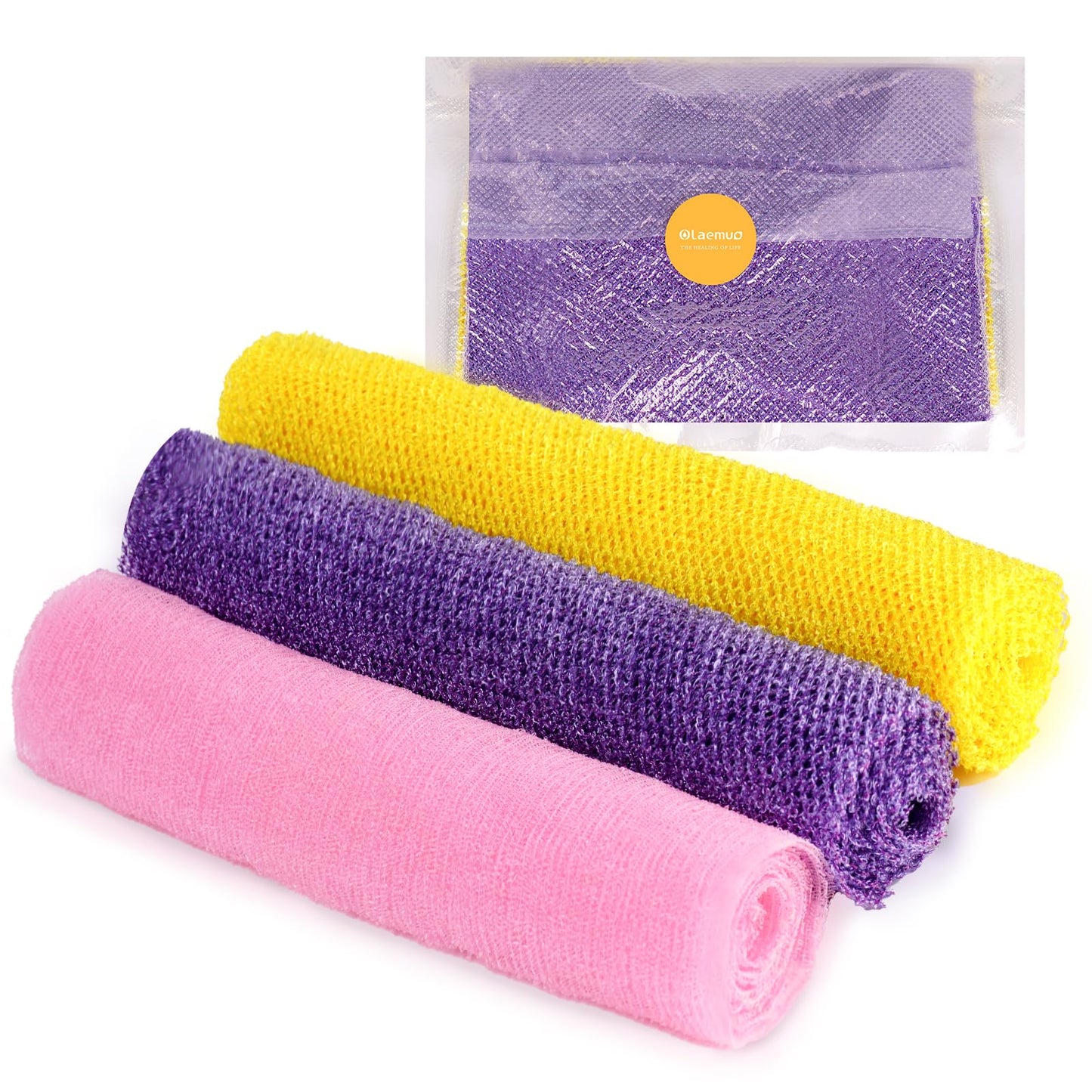 Olaemuo 2 Pieces African Net Bath Sponge Authentic &1Pieces Korean Exfoliating Washcloth Loofah for Women Men,Nylon African Exfoliating Net Sponge Shower Scrubber for Body Daily Use,Pink Yellow Purple