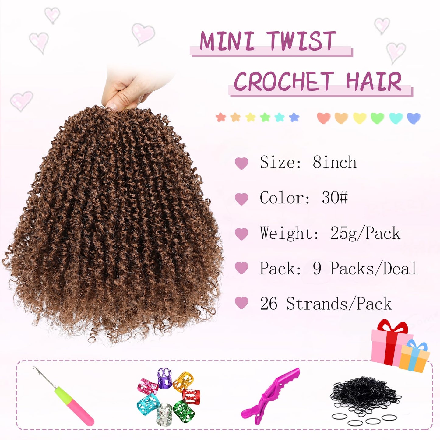 Fulcrum Yanky Mini Twist Crochet hair 8Inch, 9Packs Passion Twist Crochet Hair for black Women, Pre-Twisted Crochet Twist Hair with Curly Ends (8Inch, 30#)