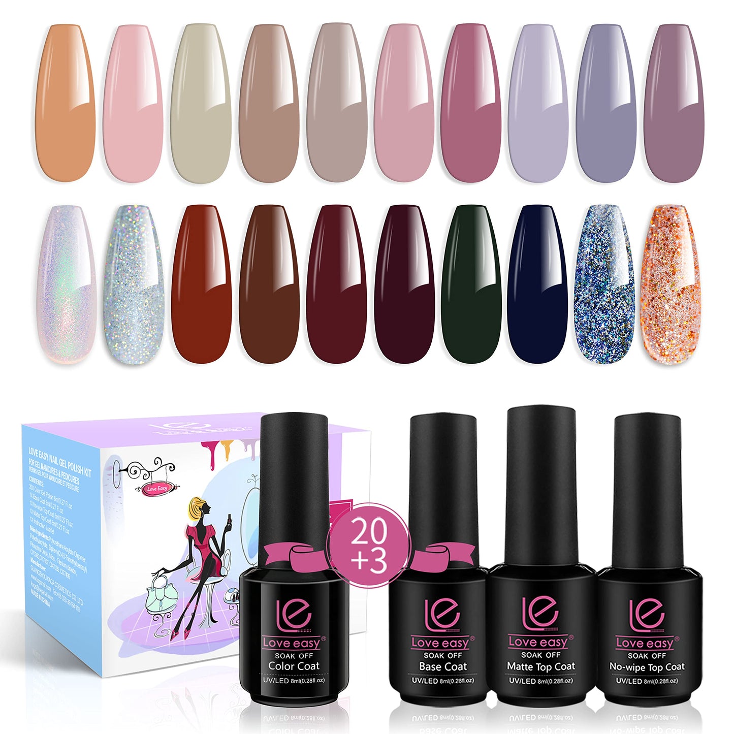 23 Pcs Gel Nail Polish Set ,with Nice Box Elegant Color 8ML Soak Off with Base Coat and Glossy & Matte Top Coat, Nude Pink Glitter Blue Purple Polish for Gel Nails Starter Kit for Women Gift