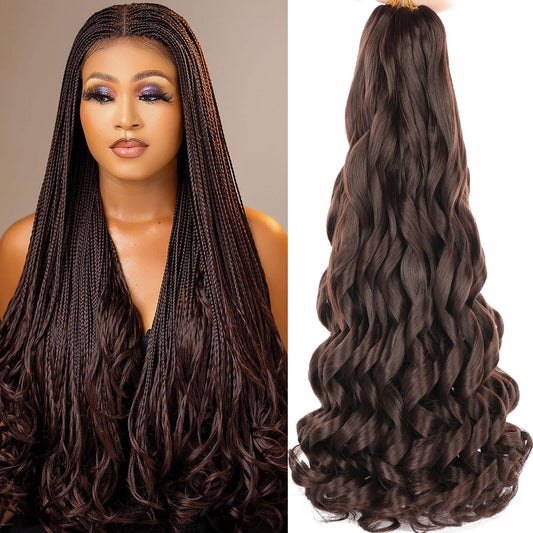 COOKOO 9 Packs French Curl Braiding Hair Dark Brown 22 Inch Loose Wave Bouncy Braiding Hair with Curly Ends Pre Stretched Yaki Curly Braiding Hair for Black Women Synthetic Hair Extensions 4#