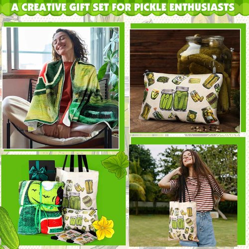 Soaoo 4 Pcs Christmas Funny Pickle Gifts for Pickle Lovers Women with Blanket, Tote Bag, Socks, Zipper Makeup Bag Funny Jar Gifts for Prizes Birthday Christmas Party Favor with Present Box