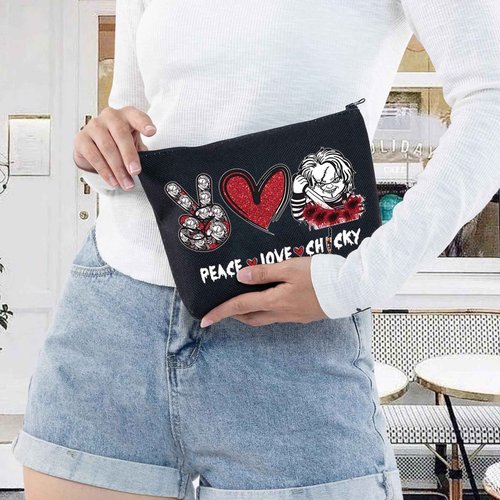 LEVLO Horror Movie Cosmetic Bag Horror Bride Fans Gifts Peace Love Movie Makeup Zipper Pouch Bag For Andy & Mike Fans (Peace Chuc Black)