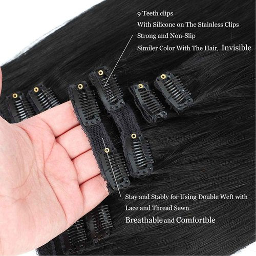 Clip in Hair Extensions Real Human Hair 14Inch 120g/set Straight Human Hair Clip in Extensions 7pcs Thick Remy Brazilian Human Hair Clip ins for Women Jet Black Color