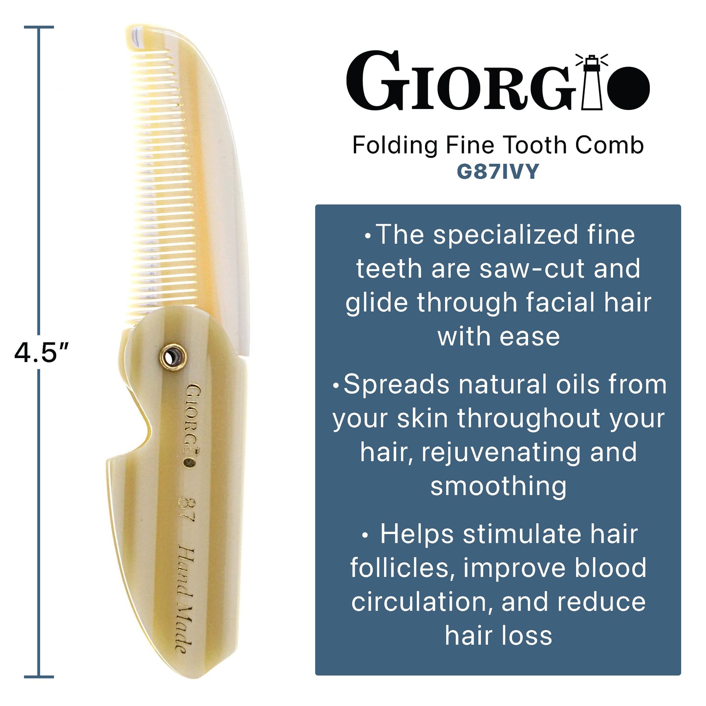 Giorgio G87 IVY 4.5 Inch Folding Mustache Comb and Beard Comb, Small Pocket Comb for Men Everyday Grooming and Hair Care. Handmade, Saw-cut and Hand Polished Styling Men's Folding Comb. 1 Pack, Ivory