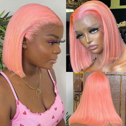 Bob Wig Human Hair Pink 13x4 Lace Front Wigs Human Hair, 180 Density Glueless Wigs Human Hair Pre Plucked Pre Cut 12 Inch Short Bob Wig Brazilian Virgin Human Hair Lace Front Wigs for Black Women