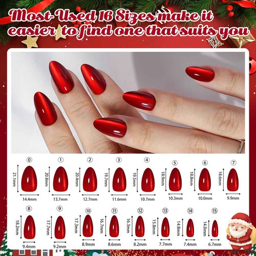 ELSAGIRL 5 Styles Red Cat Eye Press on Nails, 160PCS 16 Sizes Short Almond, Soft Gel Fake Nails for Women Girl Gift& Daily Wear,Christmas