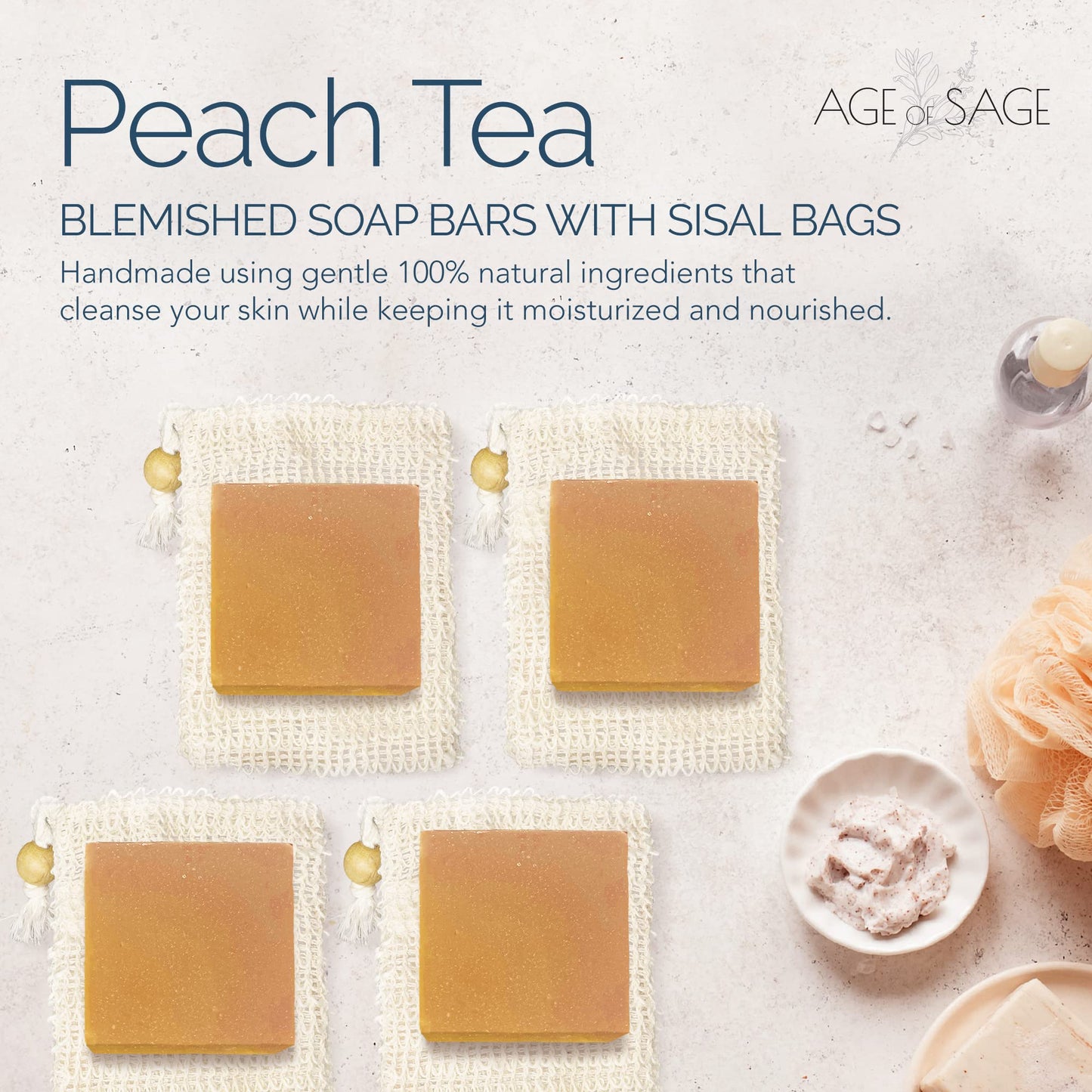 Age of Sage Natural Soap Bar w/Sisal Bag, Vegan Artisan Soap Bar Set for Women, Body Soap in Bar Soap Pouch, Natural Bath Soaps w/Essential Oils, 4 Plain Body Soap Bars, Peach Tea