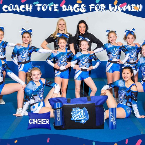 Patelai 4 Pcs Cheerleader Gifts Set Cheer Tote Bag 20 oz Tumbler Makeup Bag Keychain Stuff Accessories for Cheerleader(Blue,Cheer)