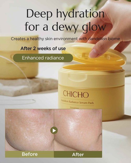 CHICHO Dandelion Radiance Serum Pads 80.2% Dandelion Biome Lotus Extract - Vegan Toner Pad for Radiant Skin - Natural Origin Fabric Sensitive Skin, Korean Skincare, 90 Pads