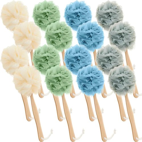 LemonRoad 16 Pcs Large Bath Body Back Brush Loofah on a Stick with Long Handle Back Scrubber for Shower PE Body Bath Sponge Soft Spa Mesh Brush Wash Exfoliating Luffas for Men Women