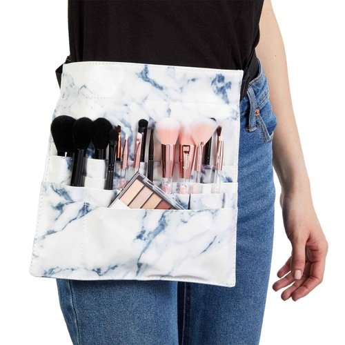 Glamlily Makeup Brush Belt with 22 Pockets Design for Tools & Accessories - PU Leather Cosmetic Apron - Portable Compact Brush Belt - 10.2 x 9.7 x 2 in, White, Faux Leather