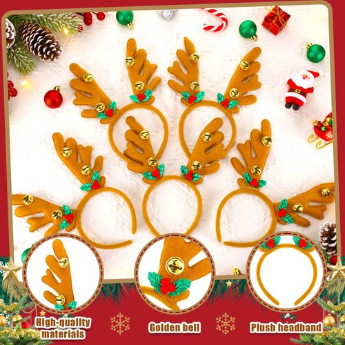 Riceshoot 24 Pcs Christmas Antler Headband Reindeer Headband Deer Plush Ear Antler Hair Hoop Beauty Accessory for Xmas Party(Golden Bell Style)