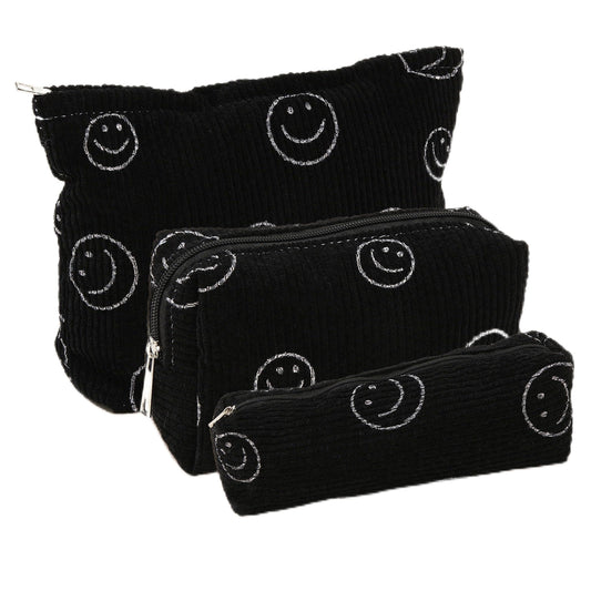 Herchuse Makeup Bag Cute Smiley Face Makeup Organizer With Zipper Corduroy Cosmetic Bag 3PCS Bag For Purses For Women (Black)