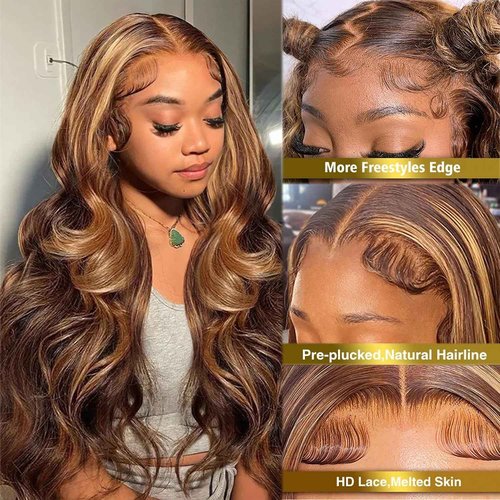 13x6 Lace Front Wigs Human Hair Wigs for Black Women, 4T4/27 Blonde Highlights 13x6 HD Lace Front Wigs Human Hair Pre Plucked with Baby Hair 16 Inch 150% Density Colored Transparent Wigs Human Hair