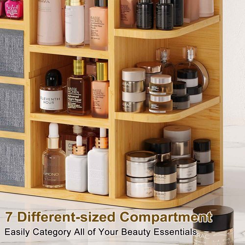 Large Bamboo Makeup Organizer For Vanity, Large Capacity 3 Tiers Bamboo Bathroom Counter Organizers and Storage, Countertop Make Up Skin Care Holder with 3 Brush Holders 3 Drawers 7 Compartments
