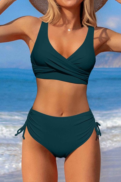 Beachsissi Women's High Waist Bikini Twist Front Tie Back 2 Piece Swimsuits, Teal, M