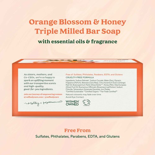 SoF Triple Milled Bar Soap - With Coconut Oil & Organic Shea Butter- Vegan & Non GMO- Free From Phthalates, Sulfates & Parabens- Orange Blossom & Honey - 6 oz Bar 4 Bars