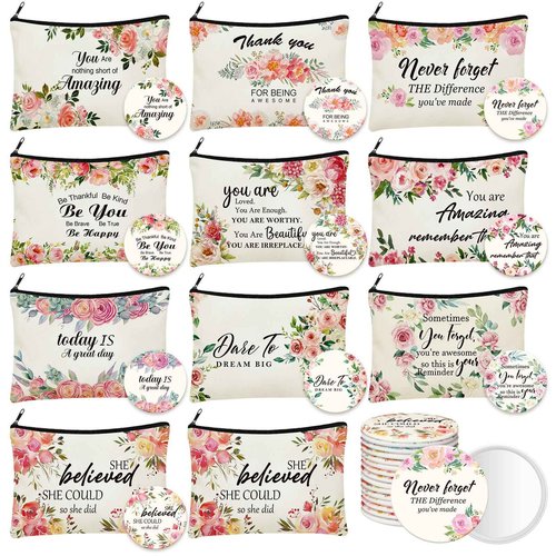 Kacctyen 20 Pcs Christmas Inspirational Gifts 10 Canvas Cosmetic Bags 10 Mirrors Thank You Makeup Bags Travel Toiletry Pouch Bulk for Church Women Teacher Coworker Employee Coworker Mothers