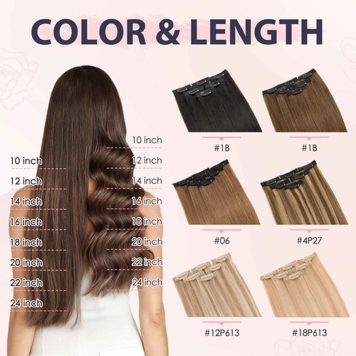 TESS Clip in Hair Extensions Human Hair with Single Clip Lace Weft Straight Highlight Add Volume 6 Pcs 6 Clips, 14 Inch, Chocolate Brown Mixed Light Brown