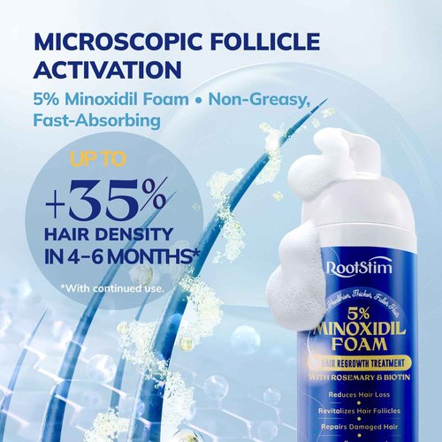 RootStim 5% Minoxidil Foam for men and women, Extra Strength Hair Regrowth Treatment for Thinning Hair and Hair Loss, Hair Follicle Health – Thicker, Fuller Hair Growth Solution 6 FL.OZ