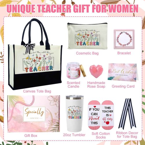 IANFEPH Teacher Appreciation Gifts Teacher Gifts Basket from Student End of Year Thank You Canvas Tote Bag for Women Teachers Retirement Birthday Back to School Christmas Gift Thanksgiving Supplies
