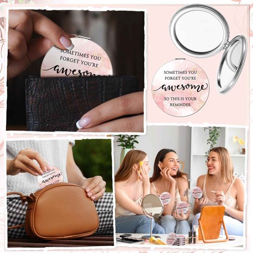 Geetery 12 Sets Christmas Inspirational Compact Mirror Gifts for Women Bulk Reminder Sisterhood Double Sided Folding Thank You Gifts for Employee Coworker Volunteer Team Worker Staff (Pink Marble)