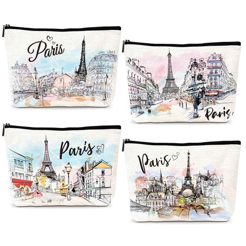 Luvsweets Paris Gifts Travel Essentials - 4Pcs Eiffel Tower Makeup Bag, France Paris City Watercolor Cosmetic Bags with Zipper Pouch, Weekend Vacation Trip Gifts for Travellers Women Girls
