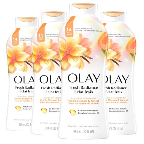 Olay Body Wash for Women, Fresh Radiance, Refreshing & Renewing, Made with Plant Based Cleansers, B3 Botanical Complex, For All Skin Types, Vanilla Blossom & Apricot Scent, 22 fl oz (Pack of 4)