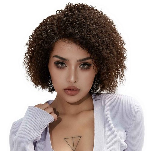 Short Curly Human Hair Lace Front Wigs for Black Women 13x5 HD Lace Side Part Wigs Pre Plucked Brazilian Virgin Human Hair Wigs with Baby Hair 150% Density Ombre Highlight Brown (12 inch)