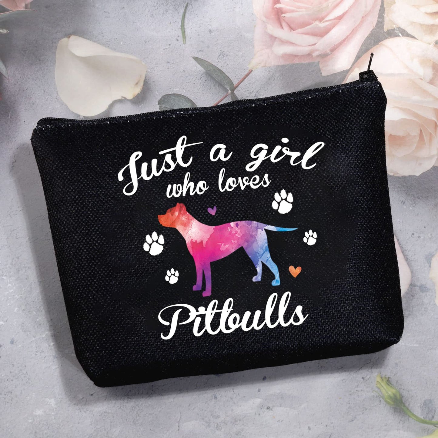 MBMSO Pitbull Gifts Makeup Bag Just a Girl Who Loves Pitbulls Cosmetic Bag Pitbull Lovers Owner Gifts Travel Bag Zipper Pouch(Pitbull bag-black)