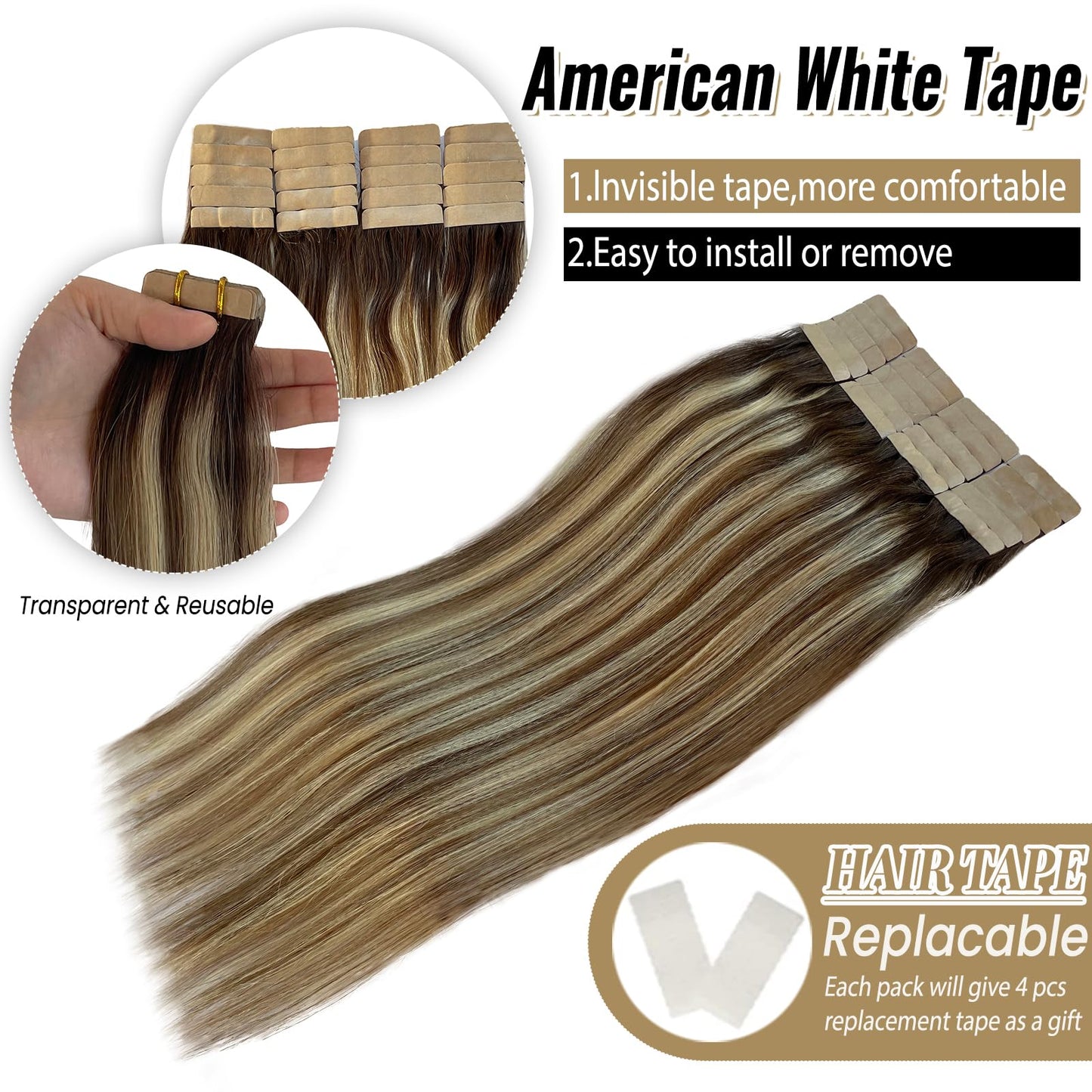 Munx Tape in Hair Extensions Human Hair 20 inches Silky Straight Remy Human Hair Seamless Skin Weft Hair Extensions Tape in Ash Brown and Bleach Blonde Hair Extension