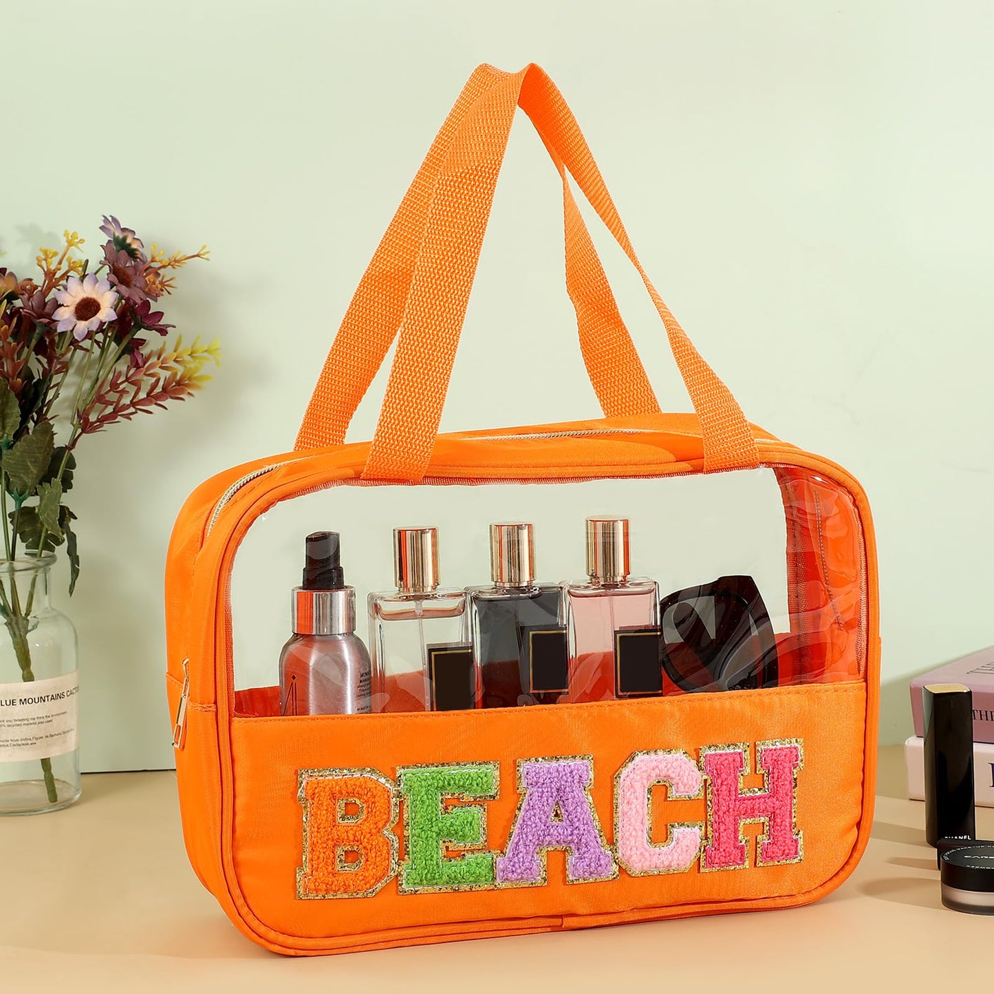 Chenille Letter Patch Clear Bag,Preppy Multi-purpose PVC&Nylon Clear Makeup Bag with Handles,Large Travel Makeup Toiletry Storage Zipper Pouch, Tote Bag for Women (Orange-BEACH)