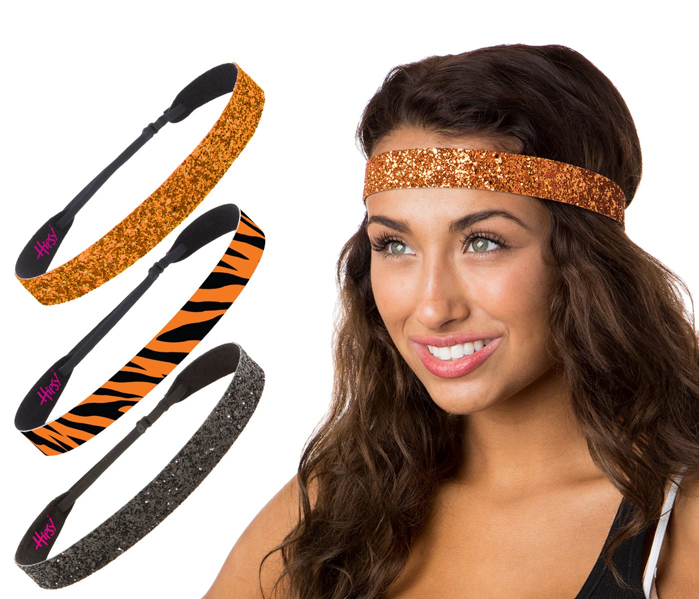 Hipsy Women's Adjustable No Slip Bling Glitter & Bengal Tiger Fashion Headband 3-pack (Wide Black/Tiger/Orange 3pk)