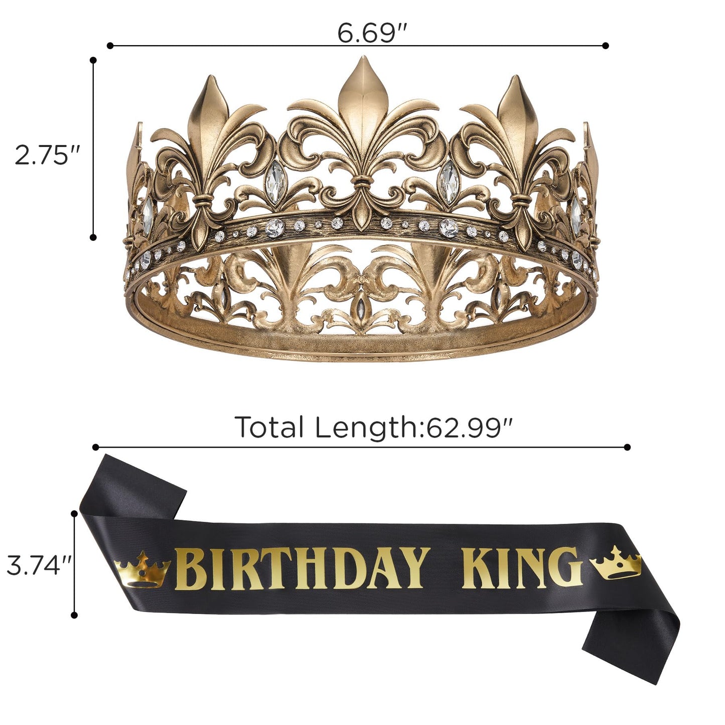 SWEETV Birthday King Crown and King Sash, Birthday Gifts for Men King Pageant Gold Crown, Prince Crown for Men Party Decoration Prom, Gold