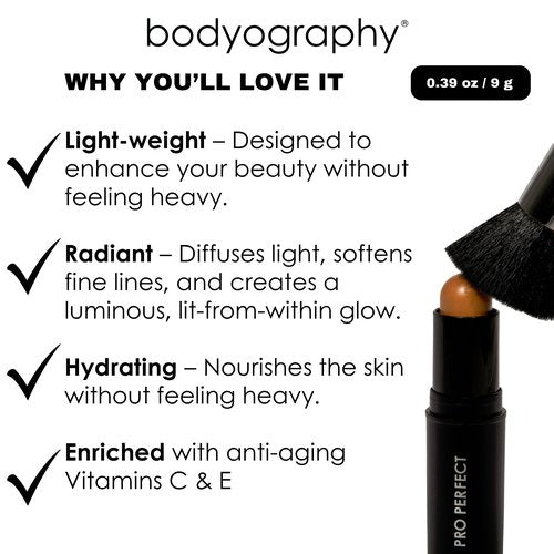 Bodyography Pro Perfect Foundation Stick - Demi-Matte Finish with A Natural Look - Enhancer for Concealing, Highlighting, and Contouring - Vitamin C & E (Sand)