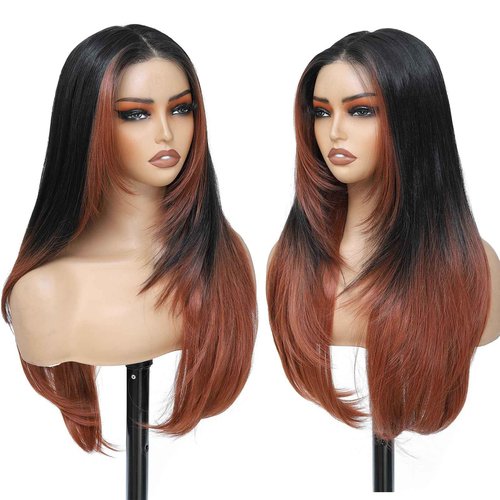 Synthetic Lace Front Wig Pre Cut Lace Glueless Wig Wear And Go 13X4X1 Inch HD Lace Layered Wig Pre Plucked Pre Bleached Glueless Wig Synthetic Wigs For Women Auburn Brown Black Root（2/30）26 Inch