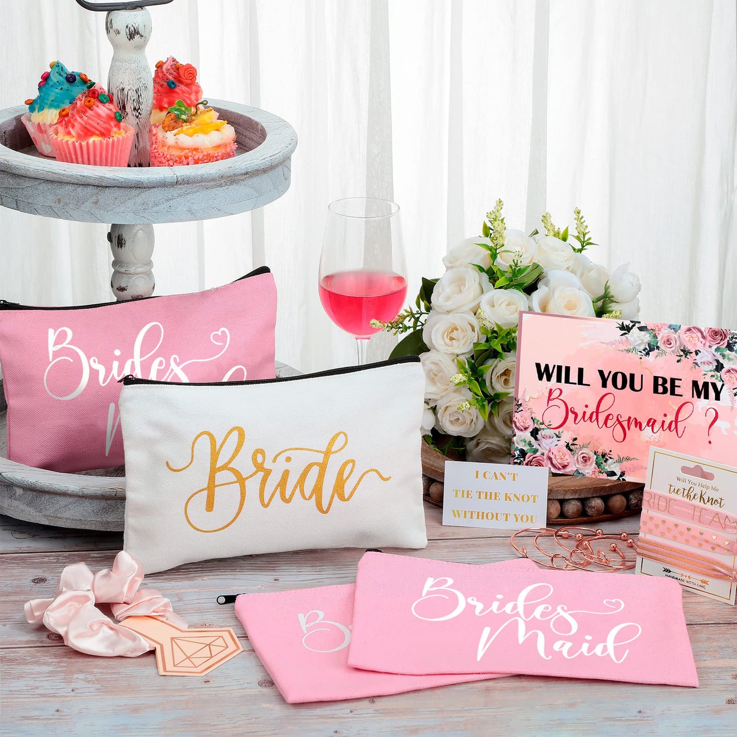 63 Pcs Bridesmaid Proposal Gifts Bulk Maid of Honor Gifts Matron of Honor Gifts Brides Bridesmaid Cosmetic Makeup Bag Hair Knotted Bracelets Invitation Cards for Wedding Bachelorette (Fresh Style)