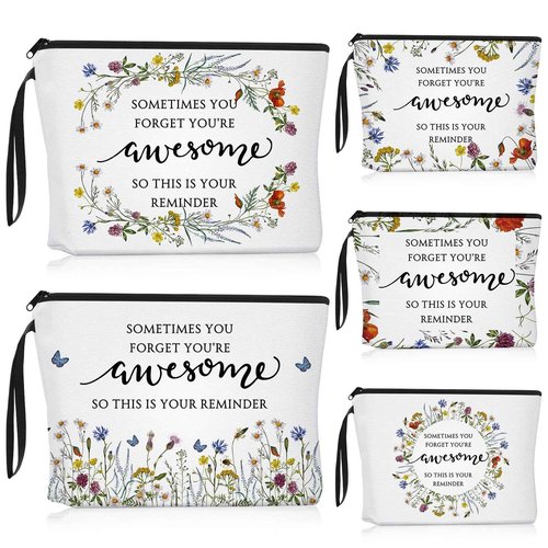 Reginary 5 Pcs Christmas Inspirational Makeup Bags for Women Bulk Motivational Flower Canvas Cosmetic Bag with Zipper Gifts Thank You Gift for Staff Employee Coworker Party Gifts, 9 x 6.7 in