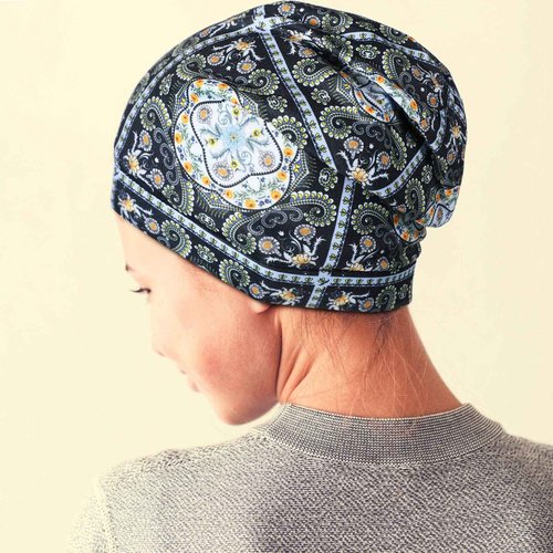Geyoga 4 Pcs Women's Chemo Hat Slouchy Beanie Cancer Headwear Head Wraps Sleeping Turban Hats Head Scarf for Cancer Patient(Blue Lattice, Green Stripe, Blue and Pink, Navy)
