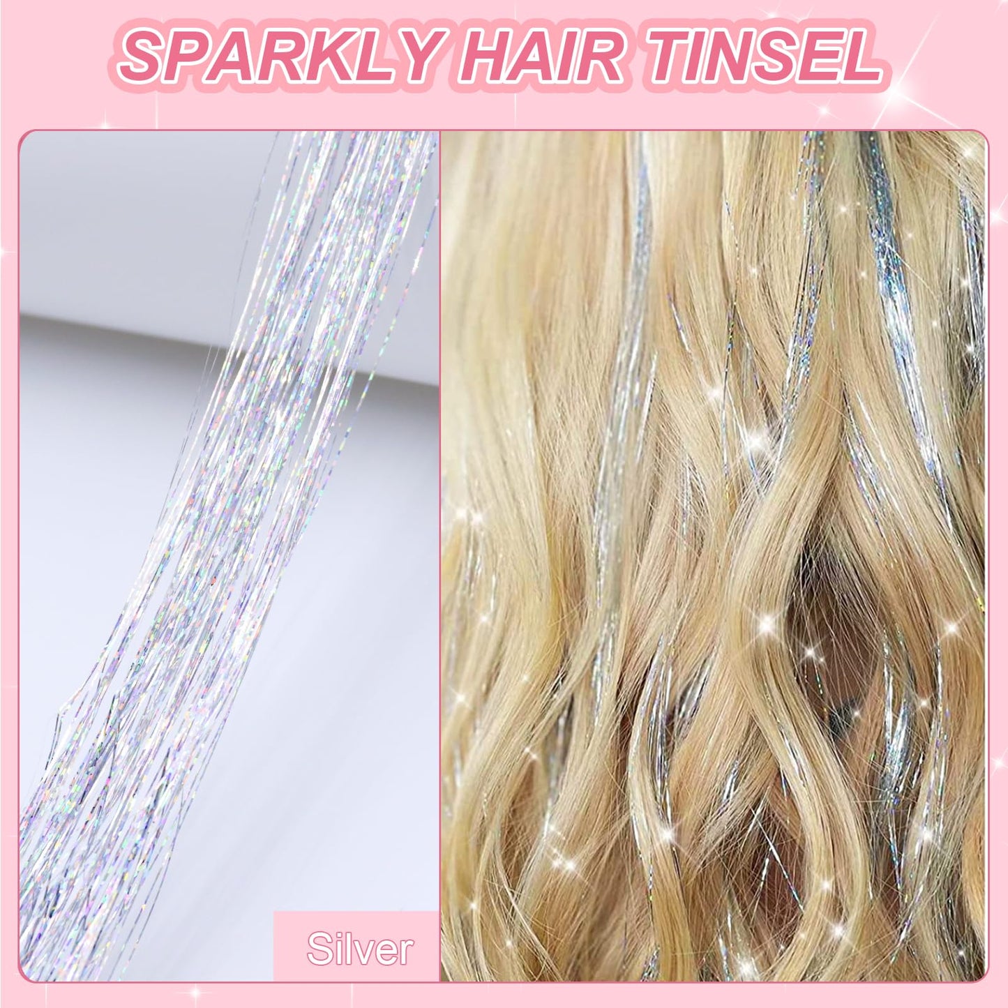 Huyerdo 12PCS Clip in Hair Tinsel Kit, 20.8 Inch Clip on Hair Tinsel Heat Resistant, Fairy Tinsel Hair Extension for Festival Gift Party, Dazzle Hair Accessories for Women Girls（Silver）