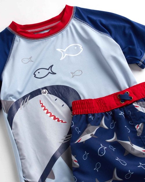Quad Seven Baby Toddler Boys Swim Set - 2 Piece Swim Trunks and Boys Rash Guard Short Sleeve Kids Swimwear (Sizes: 12M-7), Size 3T, Blue Shark Bite